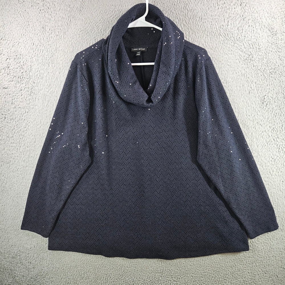 Lane Bryant Women 18/20 Navy Blue Sequin Cowl Neck Long Sleeve Knit Top Plus Sz